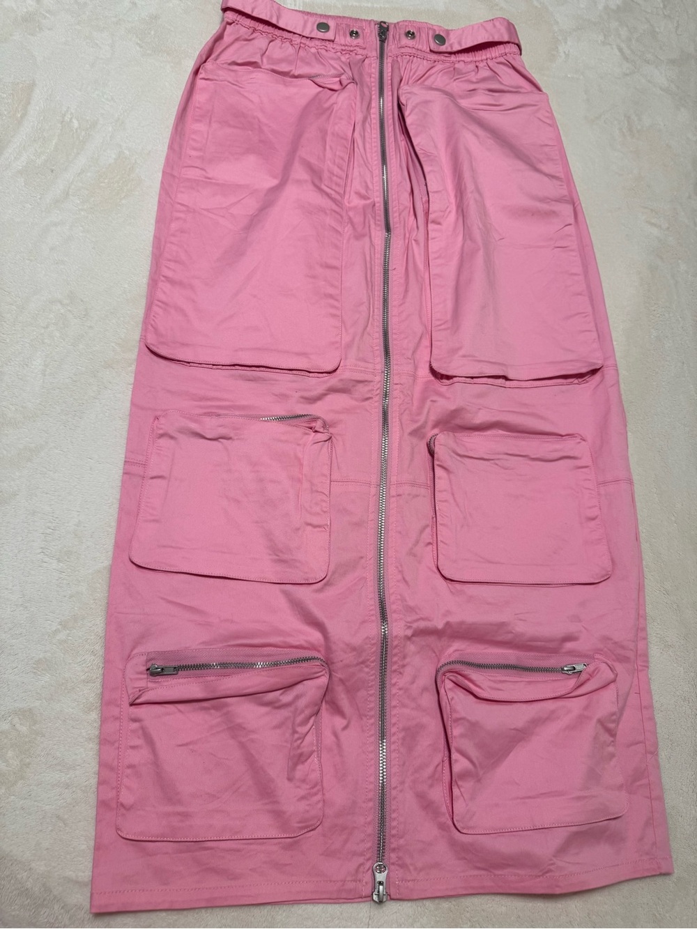 36 Point 5 Pink Midi Utility Skirt with Front Zip and Multiple Pockets